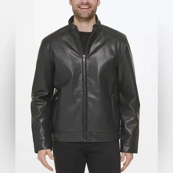 NWT Cole Haan Signature Men's Faux-Leather Jacket black Size Small moto full zip - Picture 11 of 11